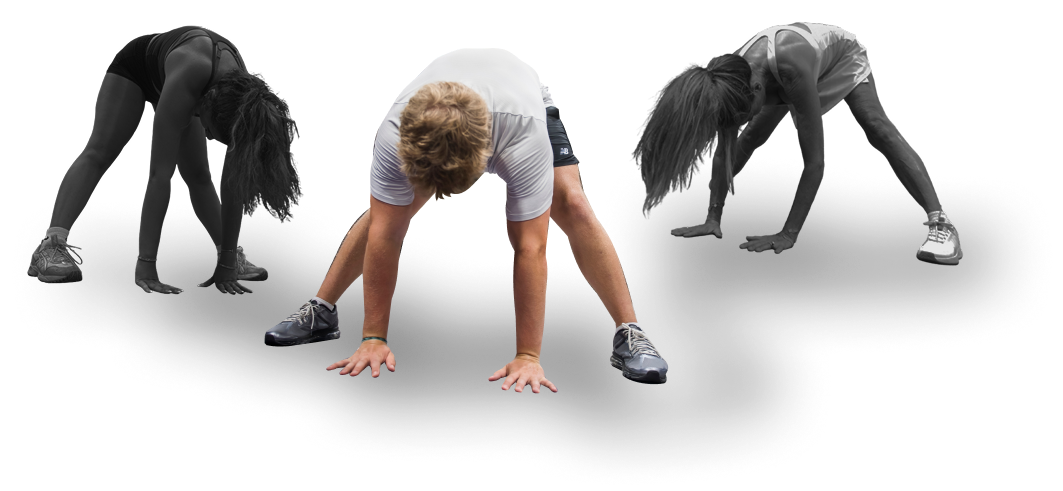 Athletes cooling down with guided mobility and breathing