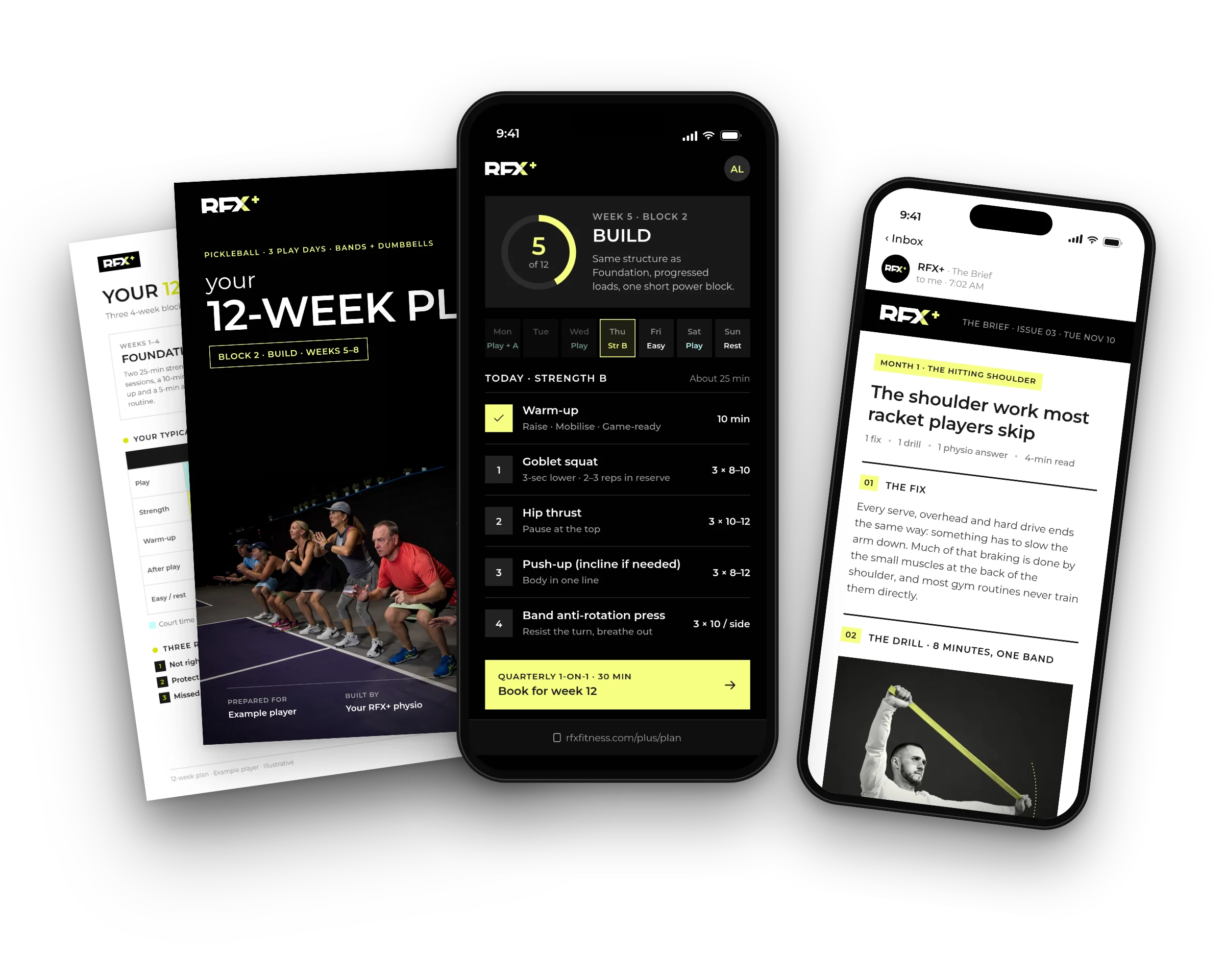 The RFX+ deliverables: a phone showing week 5 of a 12-week plan, an issue of The Brief, and the printable plan
