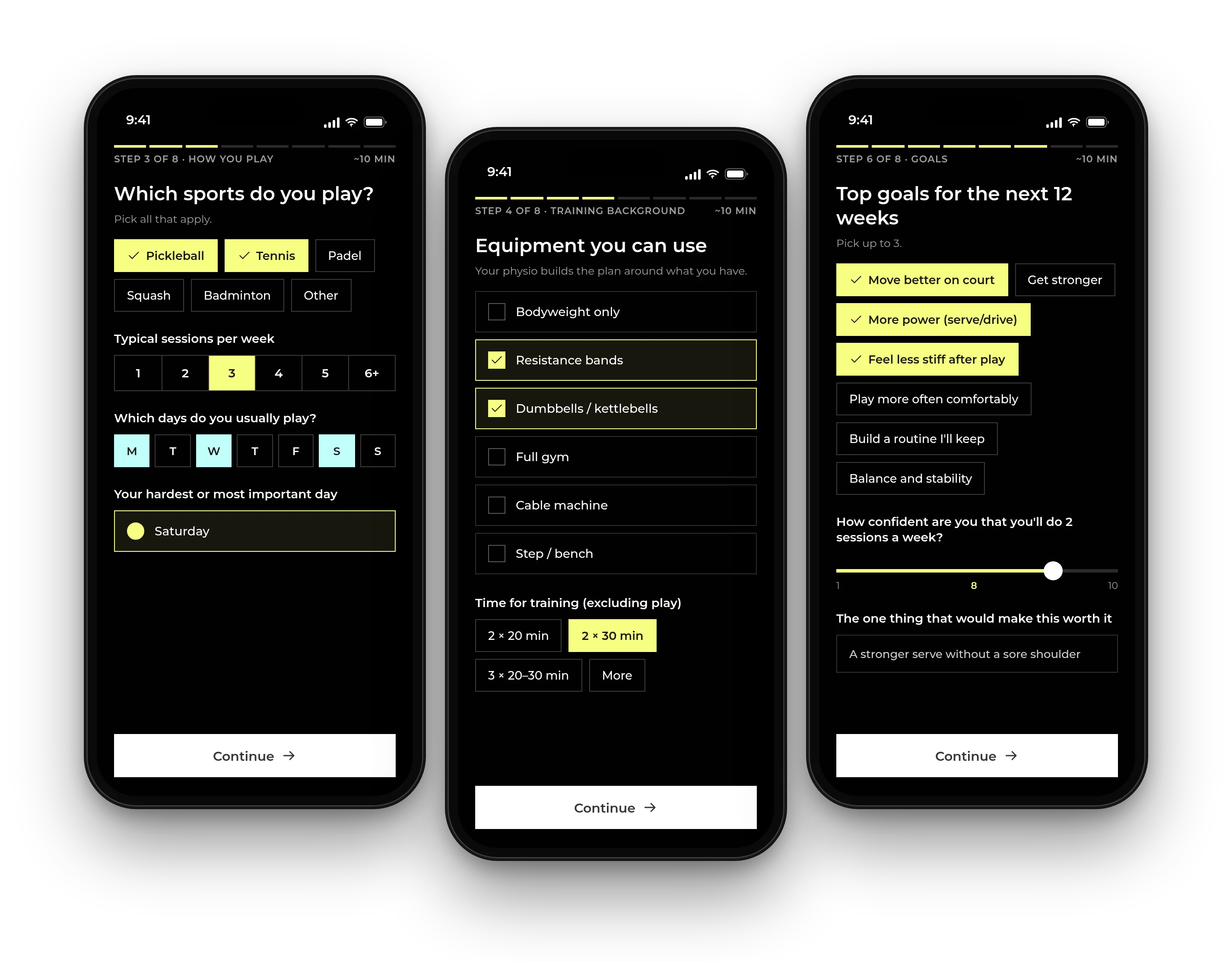 Three intake screens: how you play, equipment you can use, and your goals