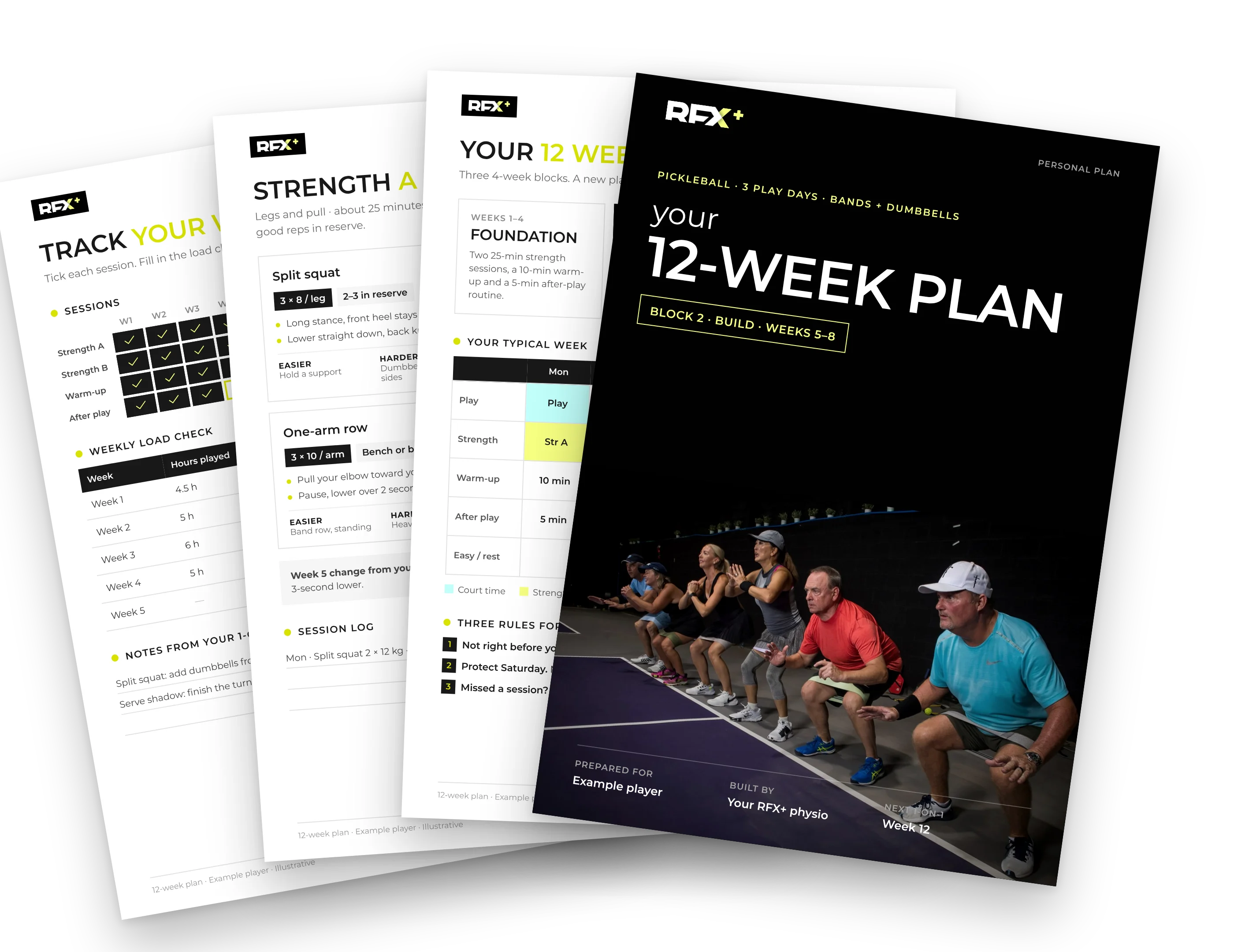 Pages from a 12-week plan: cover, week overview, exercise cards and tracker