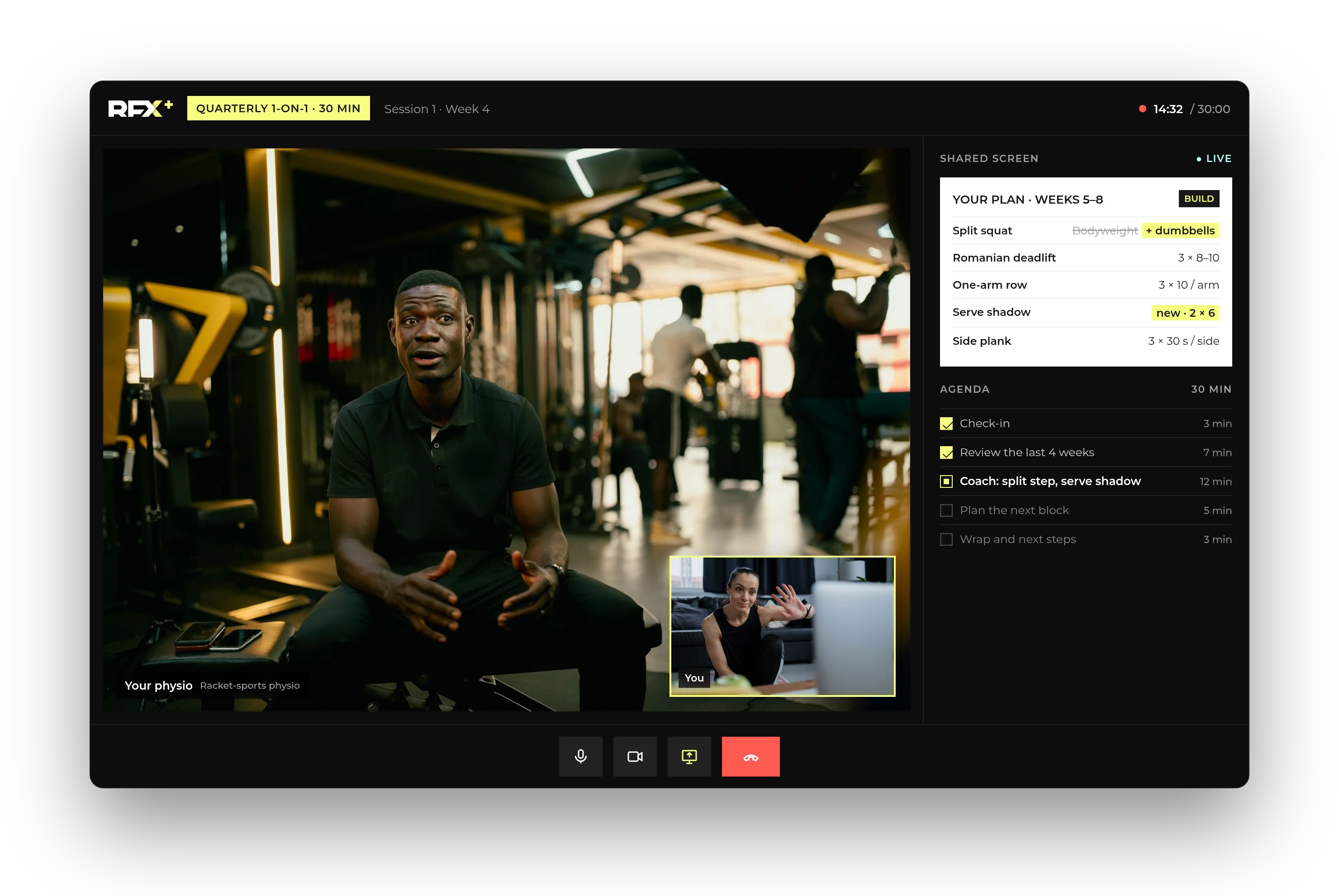 Mock-up of a 30-minute video session with the plan on a shared screen
